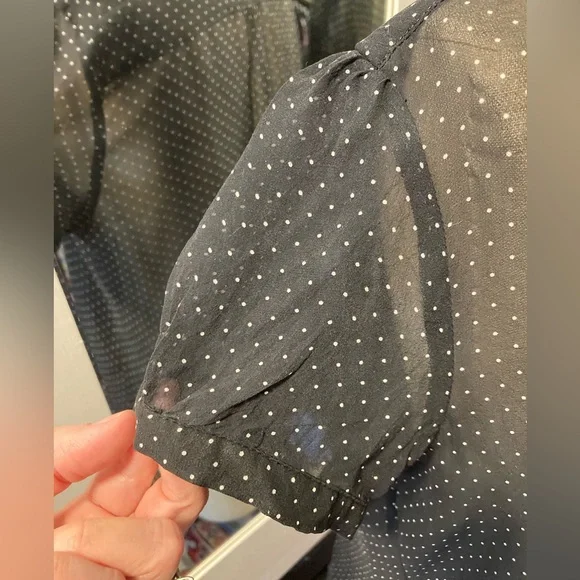 Lapis Black Sheer Polka Dot Popover Blouse, Short Puff Sleeve, Size Medium - Picture 5 of 11